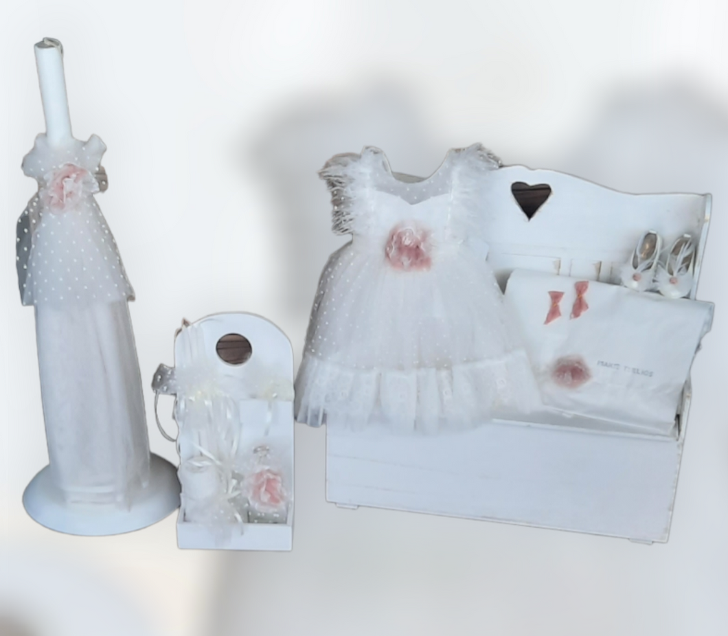 Christening Girls Romantic Set With Wooden Bench Box