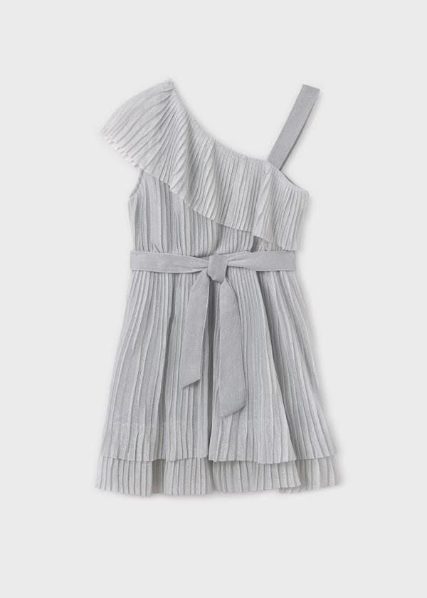 Mayoral Girl Silver Asymmetrical Pleated Dress (6977) (55)